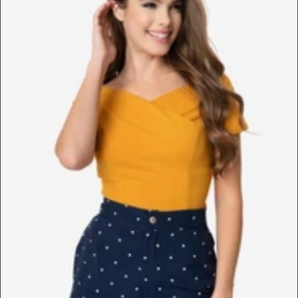 Unique Vintage - mustard off shoulder Betty top